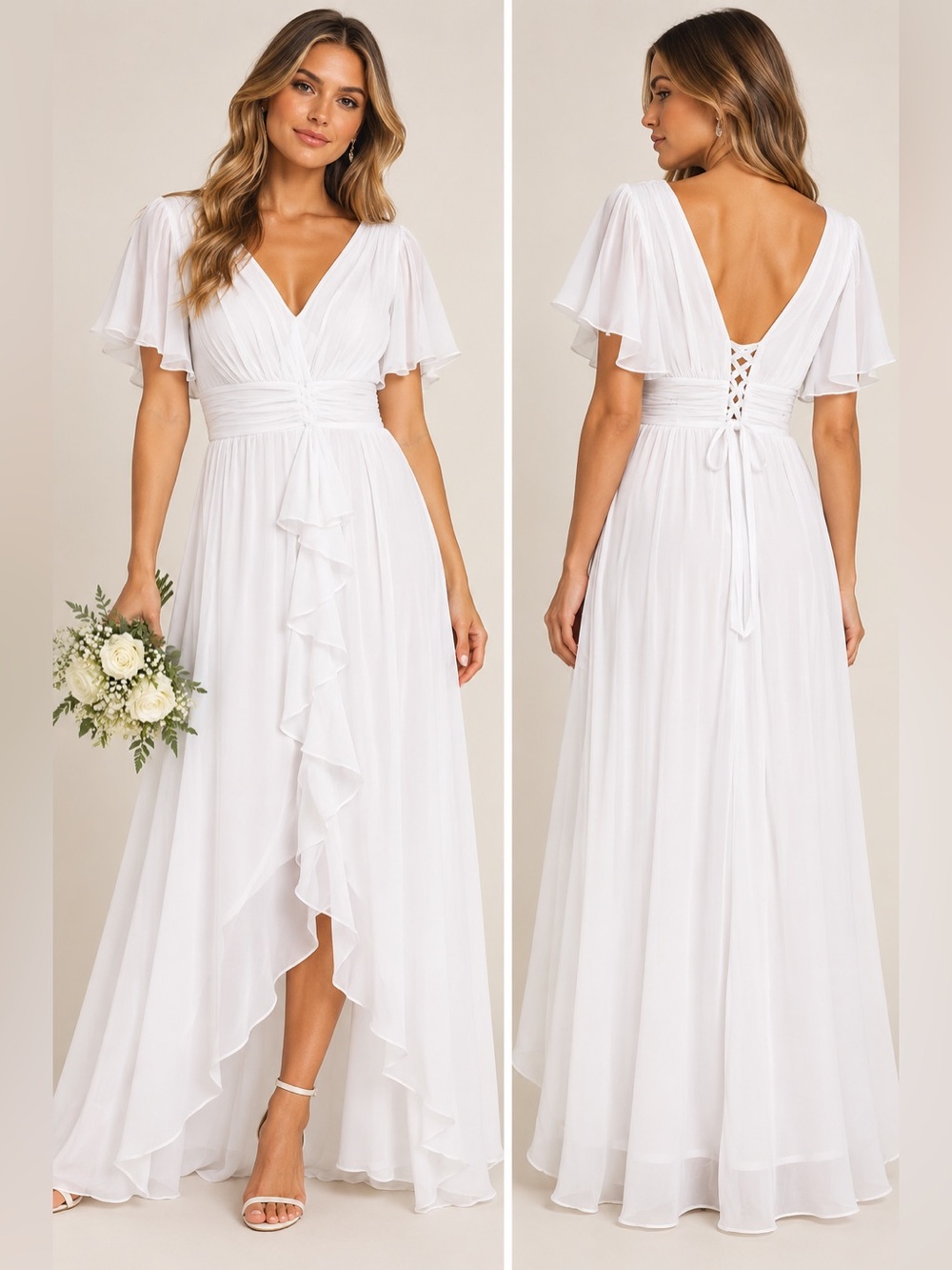 White Chiffon Corset Back Ruffle Maxi Wedding Bridal Dress Size 4
